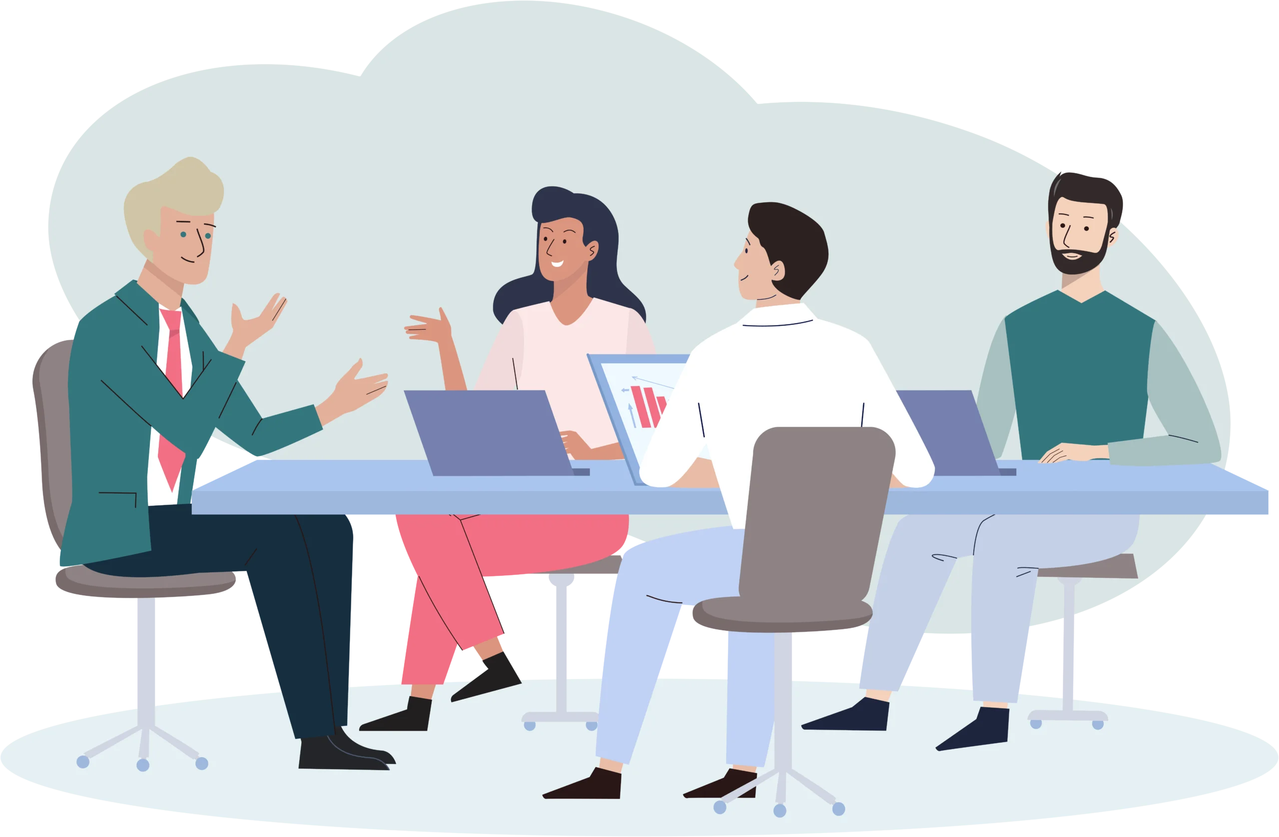 Illustration einer Personengruppe bei einer Conversation am Tisch.